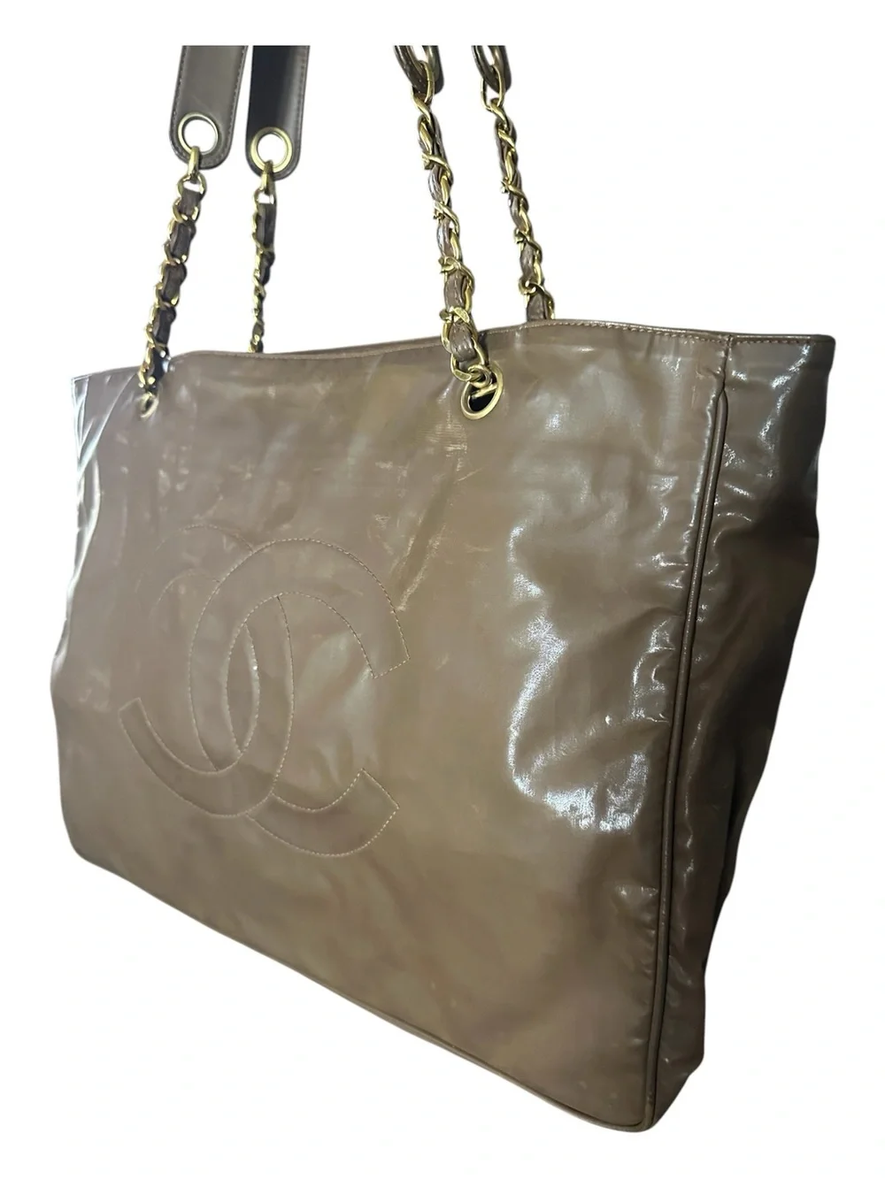RARE Chanel Vintage XL CC Coated Canvas Chain Tote Brown 3 Series w/Auth Card